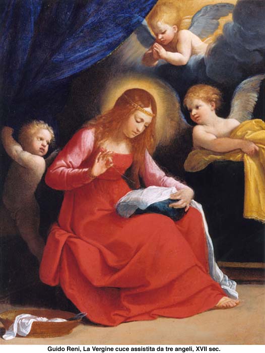 La vierge Marie coud assistée par trois anges dans images sacrée