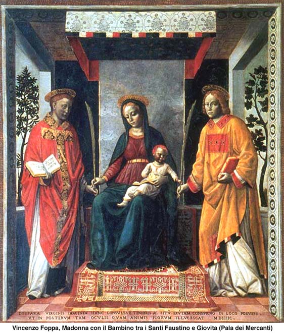 Vincenzo Foppa (ca 1430-ca 1515): Jomfru Maria og Jesusbarnet med de hellige Faustinus og Jovita (ca 1480-90), Pala dei Mercanti (Pinacoteca Tosio-Martinengo), Brescia