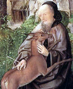Mester av Saint-Gilles: Den hellige Egidius og hinden (ca 1500), National Gallery i London