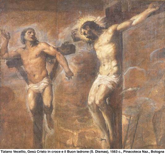 Tizian (Tiziano Vecellio) (ca 1477-1576): Jesus Kristus p&#229; korset sammen med den gode r&#248;ver Dismas (ca 1563), Pinacoteca Naz i Bologna