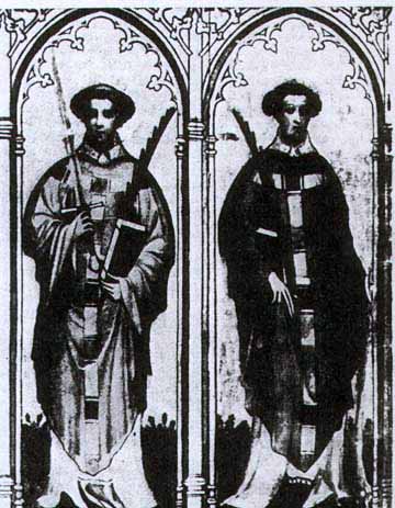 De hellige Evald og Evald, maleri på Ewaldi-Reliquienschrein i kirken St. Kunibert i Köln fra år 1400 
